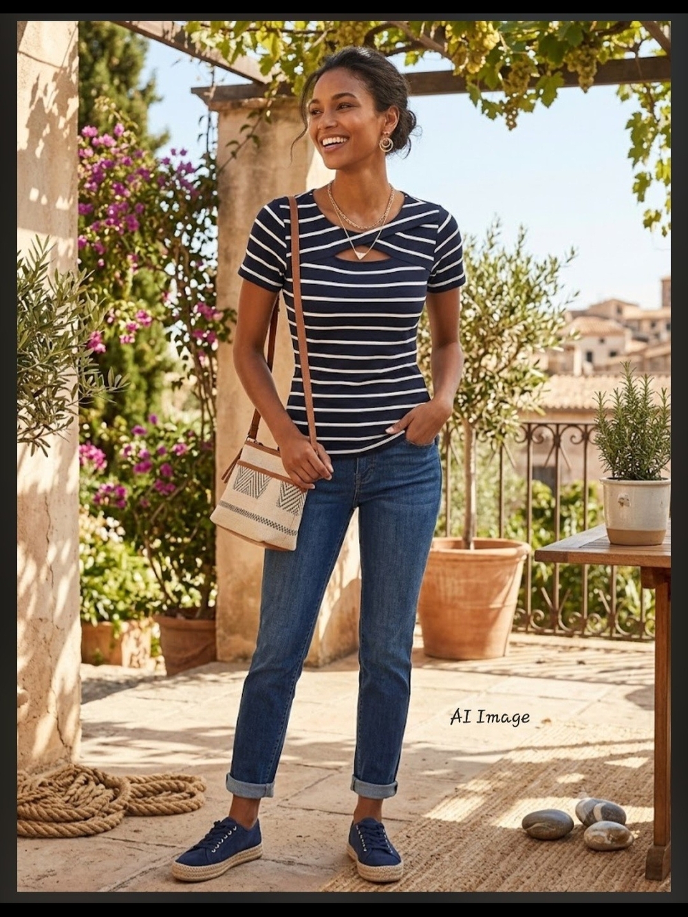 Vince Camuto Black and White Striped Short Sleeve Keyhole Tee